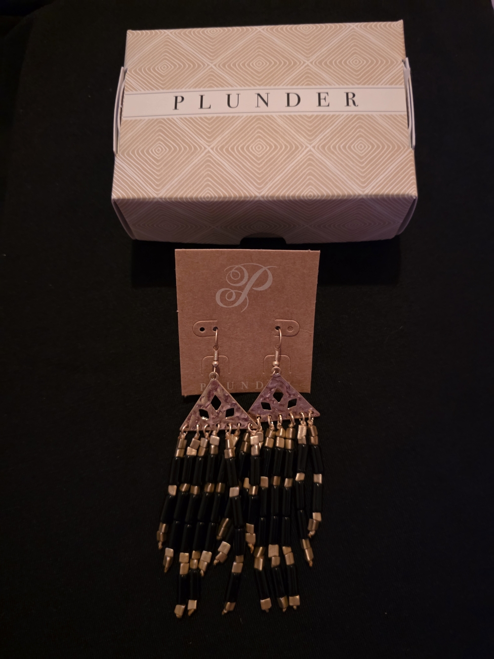 Plunder Black and Gold Fringe Triangle Drop Earrings